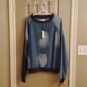 NWT DAYA BY ZENDAYA BOAT NECK BLUE DENIM DISTRESSED LOOK TOP SIZE SMALL